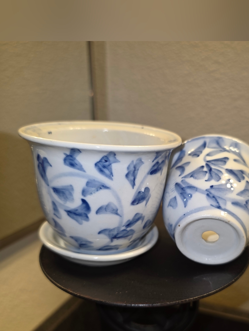 Vintage Chinese Porcelain Blue And White Lotus Flower Planter W/Matching Saucer
